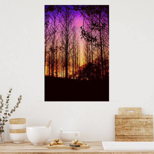 zonsondergang door bomen kleur veranderd poster (Keuken)