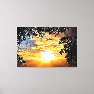 Zonsondergang door gesilhouetteerde bladeren canvas afdruk