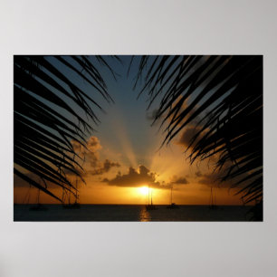 Zonsondergang door palmbladeren Tropisch zeegezich Poster