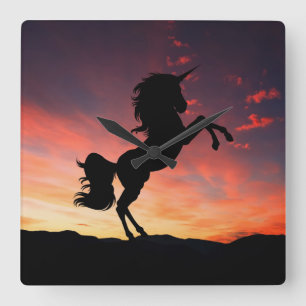 Zonsondergang Eenhoorn Silhouet Tijd Gloeit Vierkante Klok