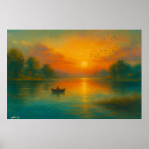 Zonsondergang Eenzaamheid - Visser in Gouden Weerk Poster