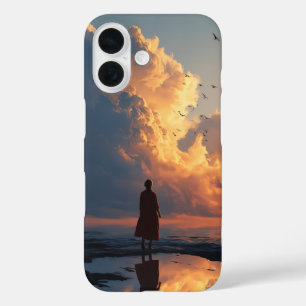 Zonsondergang Eenzaamheid: Vrouw in Rode Jurk iPhone 16 Hoesje