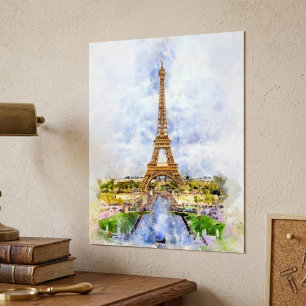 Zonsondergang Eiffeltoren Parijs Franse Aquarel Poster