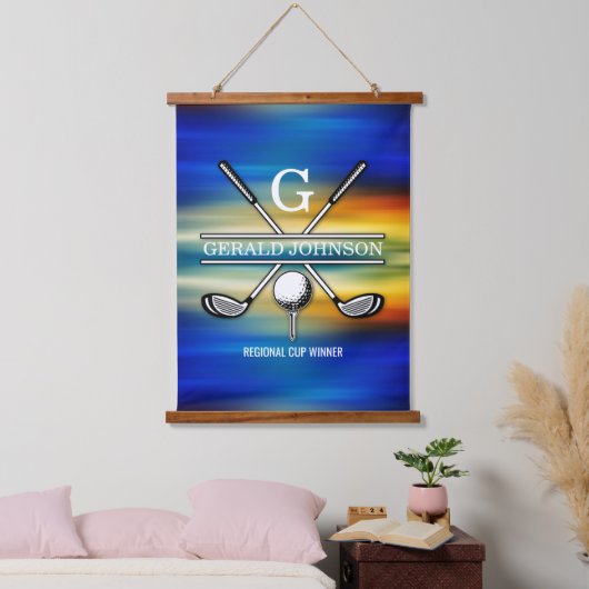 Zonsondergang Elegant Golf Monogram Ontwerp Hangend Wandkleed (Slaapkamer)