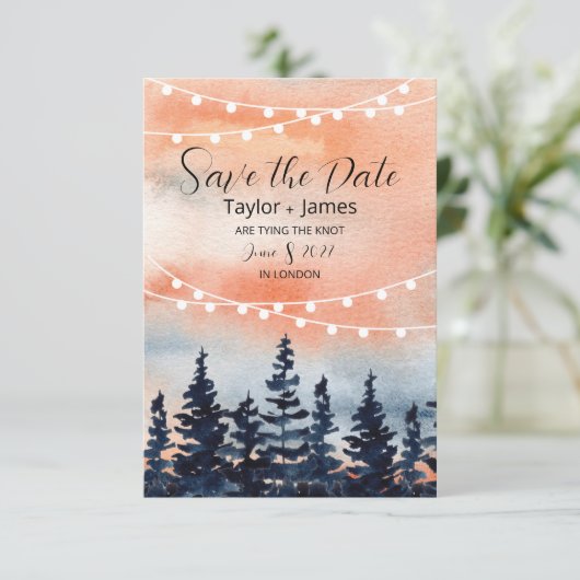 Zonsondergang en Dennenbos Platte Save The Date Ka (Staand voorkant)