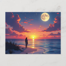 Zonsondergang en maanopkomst briefkaart