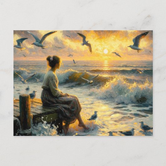 Zonsondergang en meeuwen briefkaart (Voorkant)