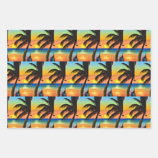 Zonsondergang en Palm Trees Silhouetten Inpakpapier Vel (Voorkant 3)