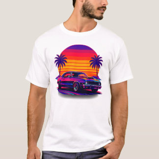 Zonsondergang en Retro Auto T-Shirt