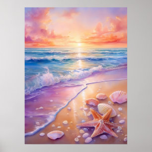 Zonsondergang en schelpen poster