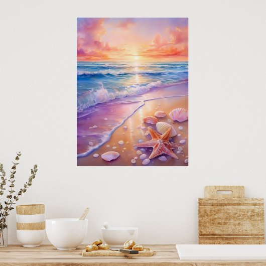 Zonsondergang en schelpen poster (Keuken)