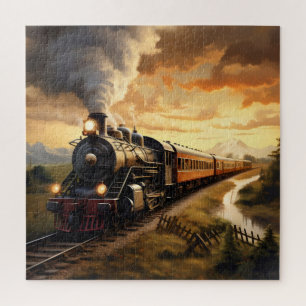 Zonsondergang en trein legpuzzel