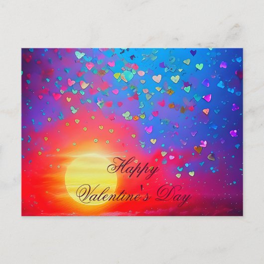 Zonsondergang en verspreide harten valentijn briefkaart (Voorkant)