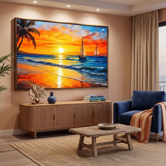 Zonsondergang en zeilboten schilderij canvas afdruk
