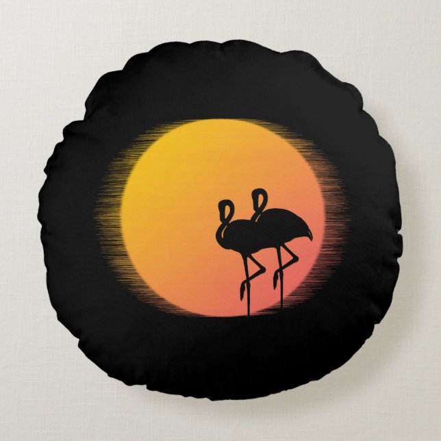 Zonsondergang Flamingo's Rond Kussen (Voorkant)
