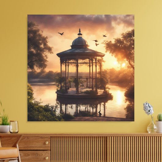 Zonsondergang Gazebo aan het Meer Canvas Afdruk (Insitu (Woonkamer))