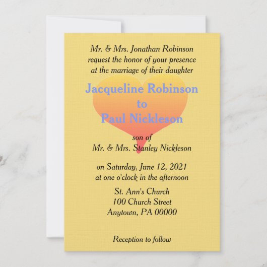 Zonsondergang Hart Mellow Geel Blauw Bruiloft Uitn Kaart (Voorkant)