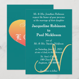 Zonsondergang Hart Turquoise Groen Goud Monogram Kaart