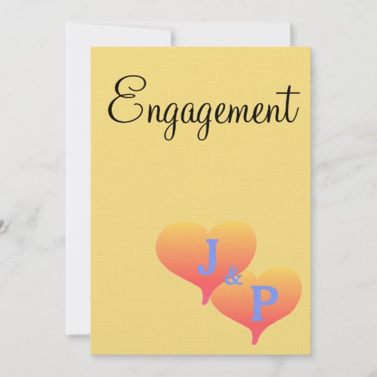 Zonsondergang Harten Geel Blauw Monogram Verloving Kaart (Voorkant)