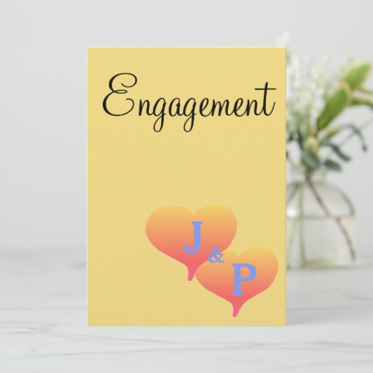 Zonsondergang Harten Geel Blauw Monogram Verloving Kaart (Staand voorkant)