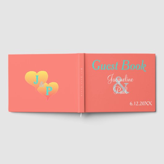 Zonsondergang Harten Koraal Bruiloft Monogram Gastenboek (Volledig)