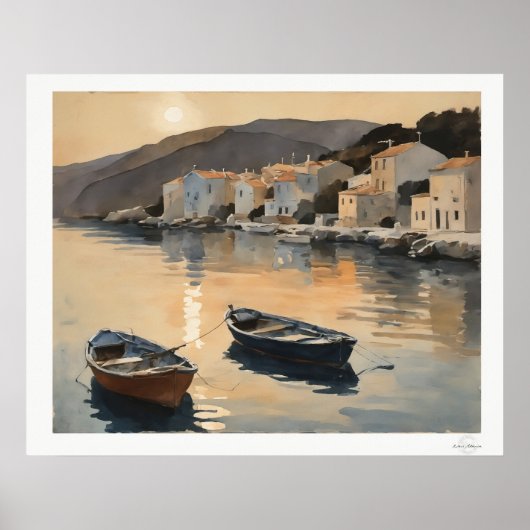 Zonsondergang Haven Reflectie Olie Schilderij Kuns Poster (Voorkant)