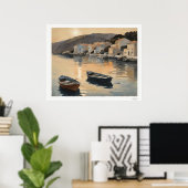 Zonsondergang Haven Reflectie Olie Schilderij Kuns Poster (Thuiskantoor)