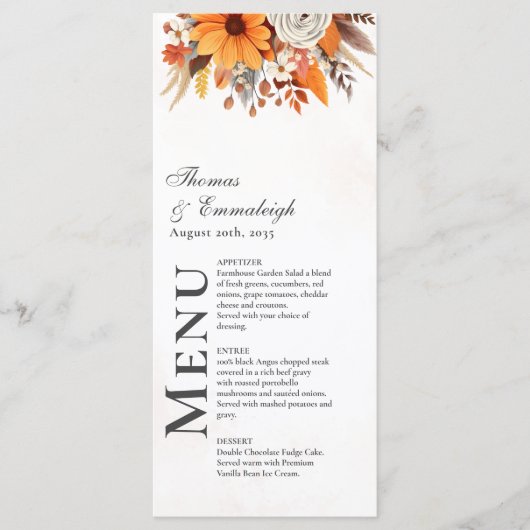 Zonsondergang Herfst Bloemen Waterverf bruiloft Menu (Voorkant)