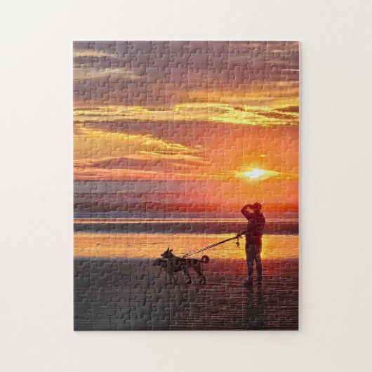 Zonsondergang Hond Wandelen Puzzel (Verticaal)