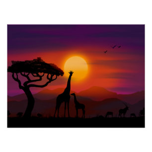Zonsondergang in Afrika met dieren Perfect Poster