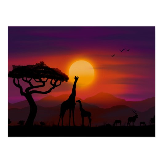 Zonsondergang in Afrika met dieren Perfect Poster (Voorkant)