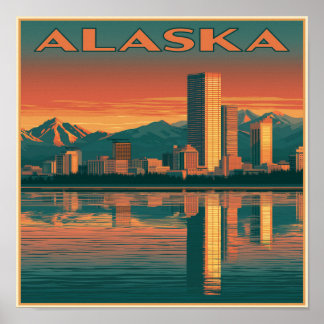 Zonsondergang in Alaska stadslandschap Poster