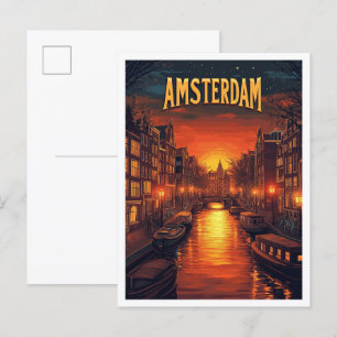 Zonsondergang in Amsterdam Nederland Vintage Reize Briefkaart