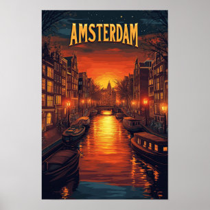 Zonsondergang in Amsterdam Nederland Vintage Reize Poster