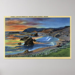 Zonsondergang in Cape San Sabastian op Oregon Poster