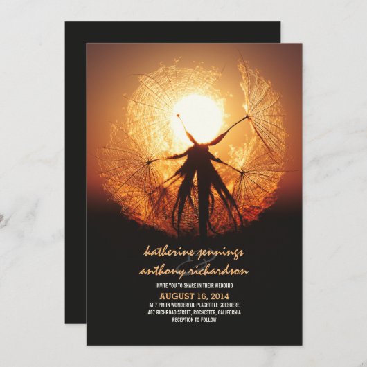 Zonsondergang in de Dandelion Rustic Wedding Invit Kaart (Voorkant / Achterkant)