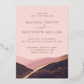 Zonsondergang in de heuvels bergen rezen roze stof folie uitnodiging (Voorkant)