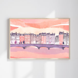 Zonsondergang in Europees dorp   Waterverf Poster