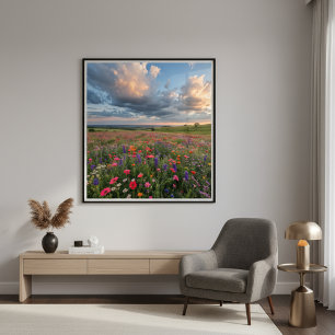 Zonsondergang in levendig bloemenveld  perfect poster