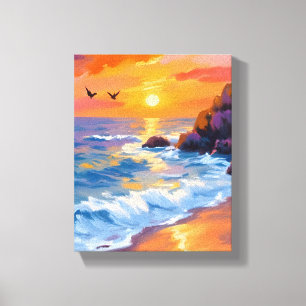 Zonsondergang in Orange Beach   Kustschilderij Canvas Afdruk
