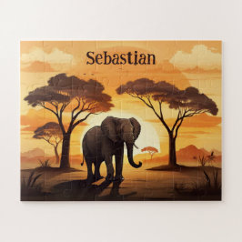 Zonsondergang in savanne gepersonaliseerde olifant legpuzzel