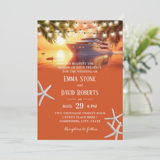 Zonsondergang Jacht & Palm Trees Tropische Strand  Kaart (Staand voorkant)