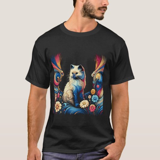 Zonsondergang Kat in Bloemenweide Vector Kunst T-shirt (Voorkant)