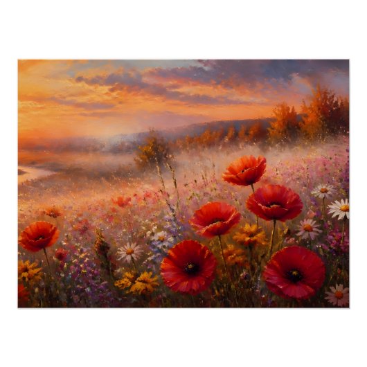 Zonsondergang Klaprozenveld Impressionistisch Schi Perfect Poster (Voorkant)