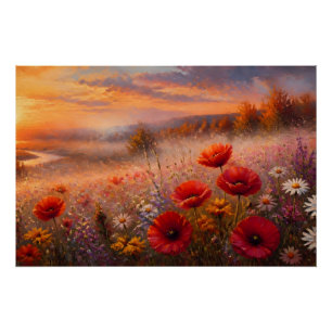 Zonsondergang Klaprozenveld Impressionistisch Schi Perfect Poster