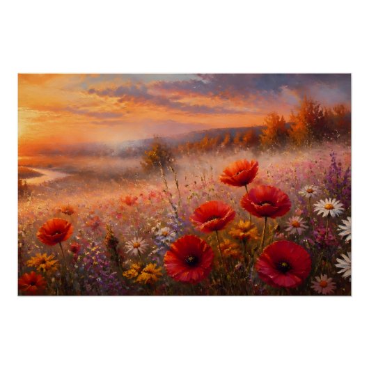 Zonsondergang Klaprozenveld Impressionistisch Schi Perfect Poster (Voorkant)