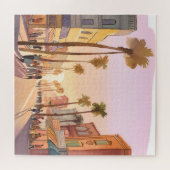 Zonsondergang Kuststad | Palmboom Kust Waterverf Legpuzzel (Horizontaal)