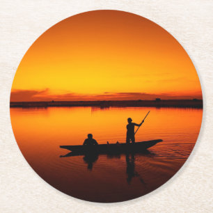 Zonsondergang Landschap met een boot-68465 Ronde Kartonnen Onderzetter
