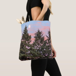 Zonsondergang Maanopkomst met Roze Wolken Tote Bag