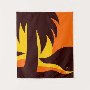 Zonsondergang met hoge palmboom op het strand wandkleed